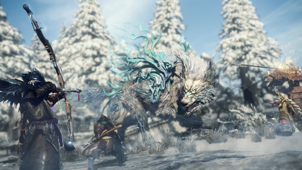 3 cazadores enfrentando al Kemono Lobo de la tormenta de nieve. 