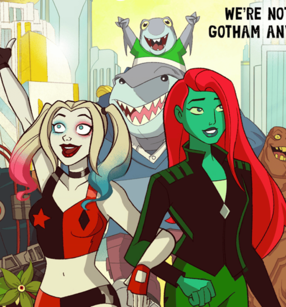 Arte principal para la quinta temporada de Harlqy Quinn donde podemos ver a Harley Quinn, Poison Ivy, King Shark, Bane y Clayface.