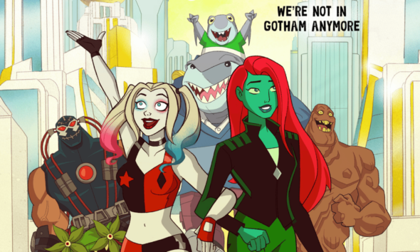 Arte principal para la quinta temporada de Harlqy Quinn donde podemos ver a Harley Quinn, Poison Ivy, King Shark, Bane y Clayface.